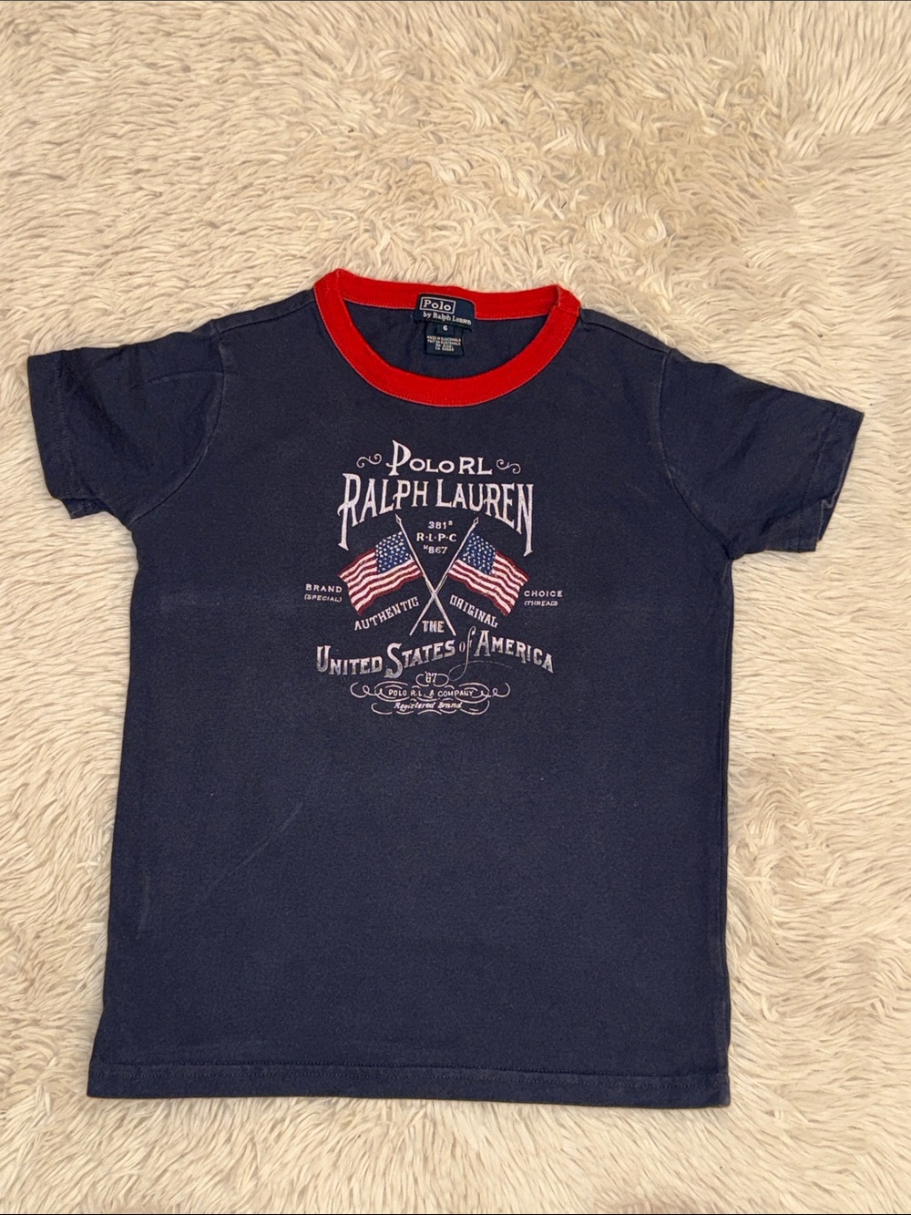 🇺🇸 Polo by Ralph Lauren Navy Tee with Red Crew Neck and Flag Graphic size 6